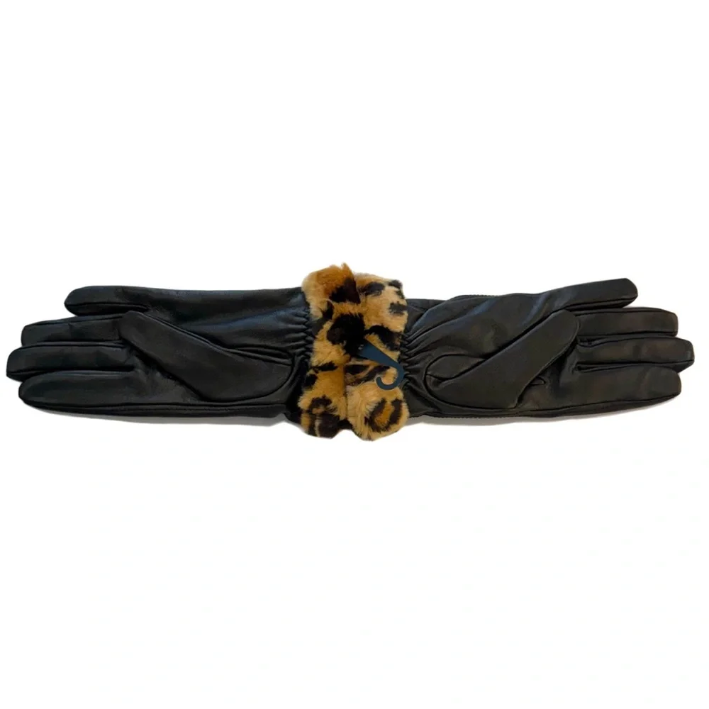 UGG Black Logo Leopard Cuffs Leather Gloves NWT